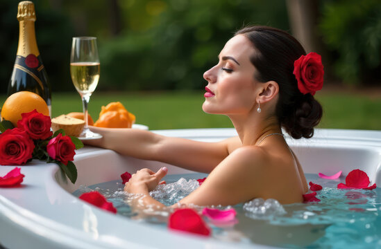 A beautiful woman relaxing in a luxurious hot tub outdoors, surrounded by rose petals. The scene exudes elegance and tranquility, with the woman enjoying a glass of champagne, fresh fruits, and a bouq