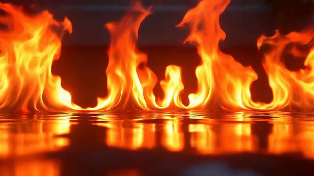 Vibrant orange flames burning and reflecting on dark glossy surface