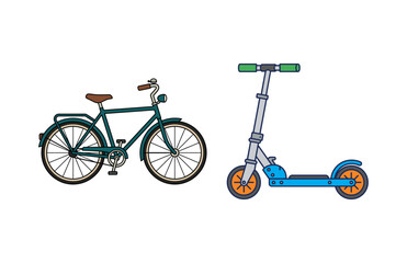 Green City Bicycle and Blue Kick Scooter Set for Eco-Friendly Transportation and Urban Personal Mobility Solutions