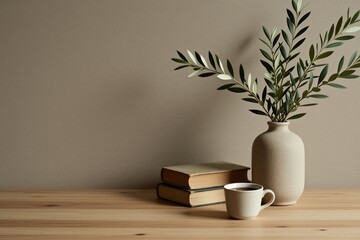 Obraz premium Still life with olive branches in vase, stacked old books and coffee cup on wooden table. Neutral wall backdrop with copy space for text. Minimalist home decor.