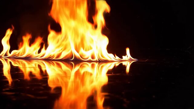Real fire flames burning on black reflective surface with mirror reflection