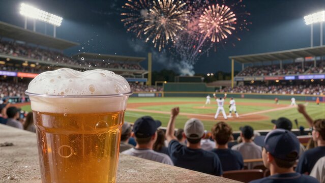 Baseball game with fireworks, beer in foreground, crowd cheering.