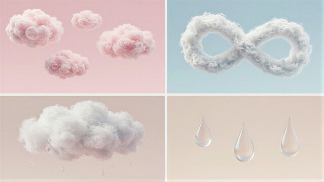 Soft clouds and delicate water droplets in pastel hues.