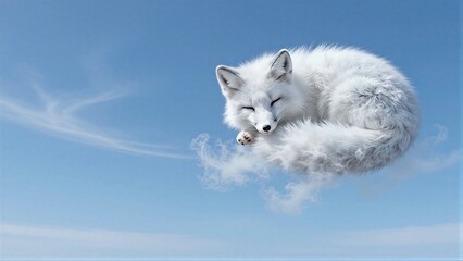 Fototapeta premium White fox sleeps peacefully on a cloud against a clear blue sky.