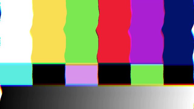 Vibrant retro television test pattern screen displaying colorful bars, indicative of a broadcast error or signal loss, representing technical difficulty and nostalgic media disruption