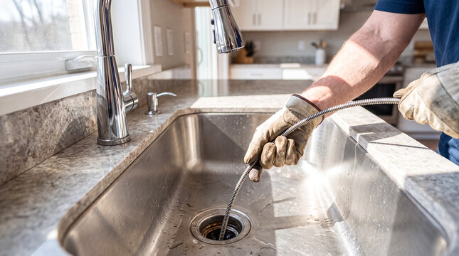 Plumber Using a Drain Snake to Unclog a Kitchen Sink