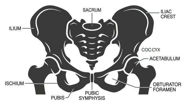 Anatomical Illustration of the Human Pelvis Bone Structure with Labels