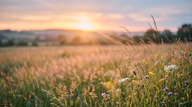Golden hour meadow wildflowers and grasses bathed in warm sunset light
