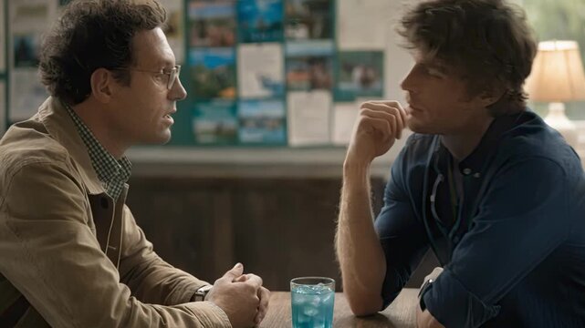 Medium shot of a travel agent explaining emergency medical insurance coverage to a backpacker in a casual setting with focused gestures and blurred travel brochures in the