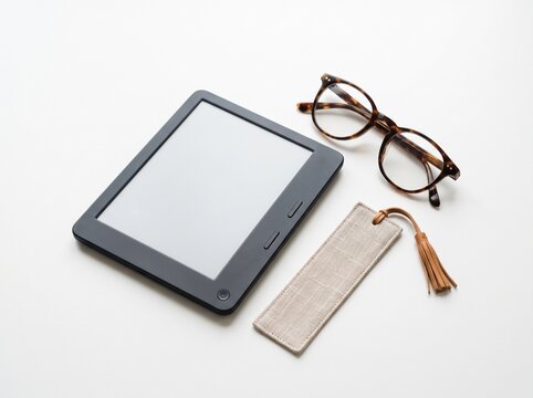E reader glasses and bookmark on white background study essentials and learning tools for academic success
