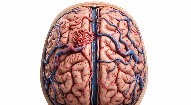 High angle medical illustration of human brain showing a complex arteriovenous malformation AVM or vascular cluster on the cerebral hemisphere