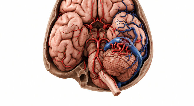 Inferior view anatomical medical illustration of the human brain base showing the circle of Willis brainstem and abnormal vascular clusters