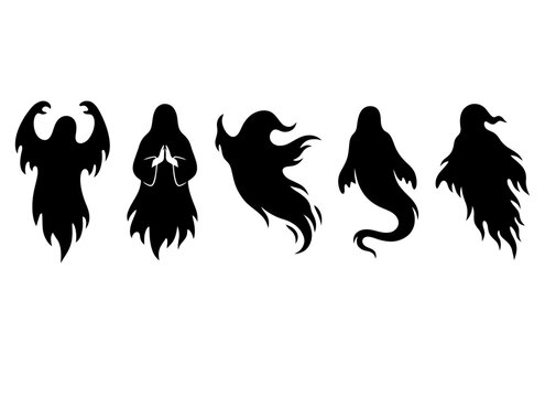Five stylized black silhouette angelic winged figures with different poses