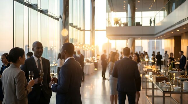 Corporate networking event business professionals mingling sunset skyline cityscape