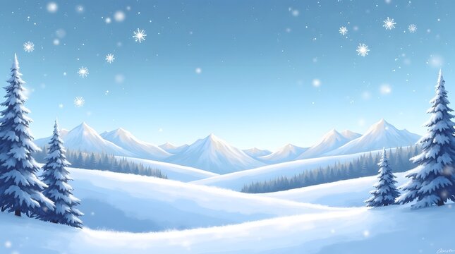 Serene winter landscape celebrating the first day of winter with snowy mountains and pine trees