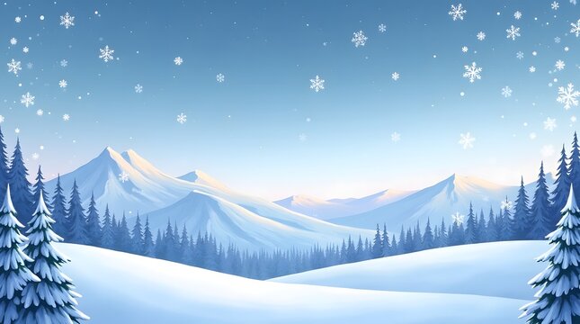 Serene winter landscape celebrating the first day of winter with snowy mountains and pine trees