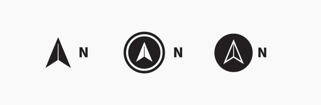 Minimalist north arrow icons for map navigation and compass design in various styles vector