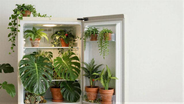 Open fridge filled with vibrant potted plants, creating a lush green indoor garden.