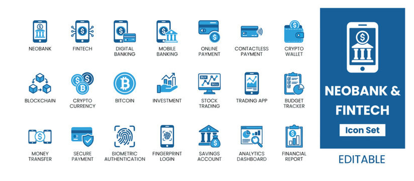 Comprehensive neobank and fintech icon collection representing digital banking, crypto, online transactions, and financial technology.