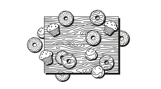 Hand Drawn Line Art of Assorted Donuts and Muffins on Wood