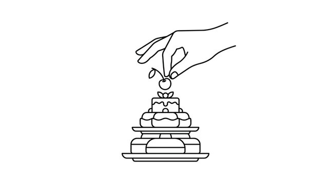 Minimalist line art illustration of a hand placing a cherry on top of a tiered dessert cake
