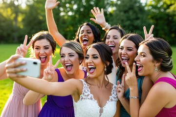 Fototapeta premium Happy bride takes selfie with bridesmaids during outdoor wedding party. Young women in colorful dresses smile, laugh posing for smartphone photo together. Beautiful group of friends celebrate