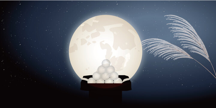 Full moon night with Japanese Tsukimi dumplings and susuki grass