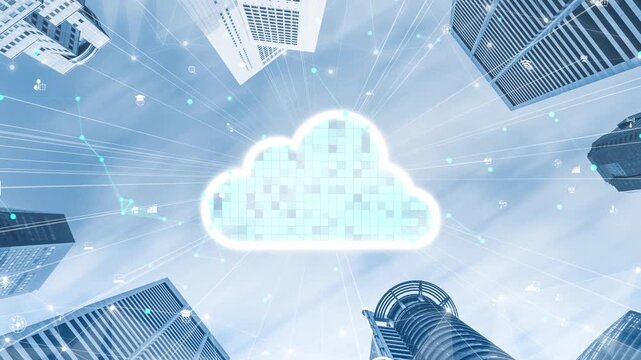 A captivating view of a digital cloud above modern skyscrapers, surrounded by data flow visualization, symbolizes the integration of technology in urban environments. Xenic