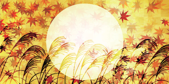 Golden Autumn Background with Full Moon Maple Leaves and Silver Grass