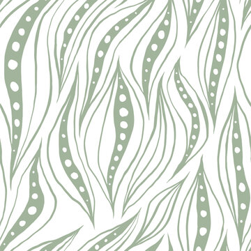 Seamless organic leaf pattern illustration with sage green wavy lines and white dots, for natural packaging design, eco background