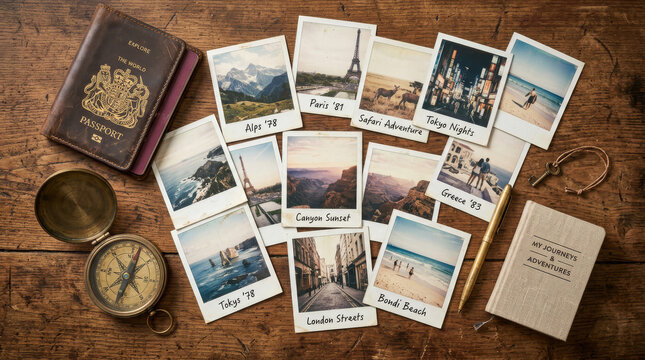 Travel memories laid out with passport compass and photos on wooden table