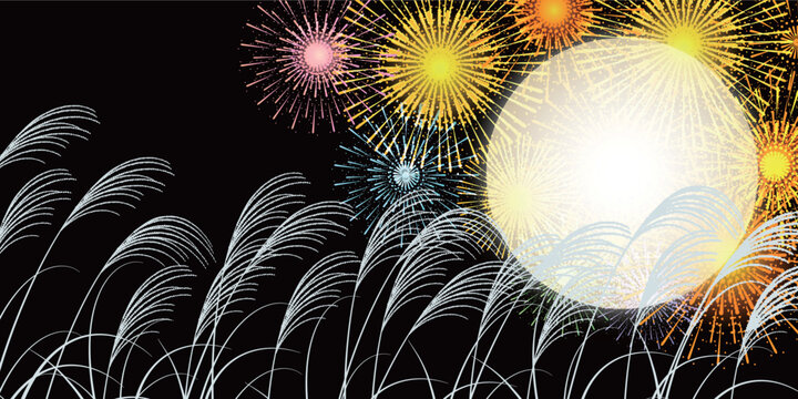 Full Moon and Colorful Fireworks with Silver Grass Illustration