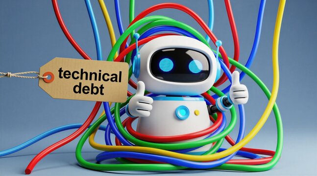 Small white robot surrounded by tangled colorful cables showing thumbs up. Tag attached to tangled wires reads technical debt. Modern technology illustration shows software development burden,