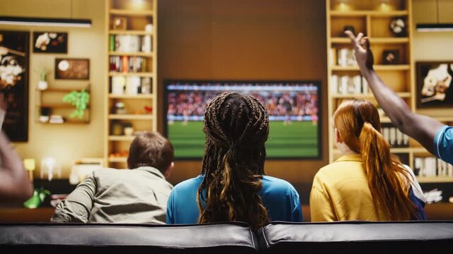Happy soccer supporters react with loud enthusiasm to football game action on living room TV during a weekend match broadcast.