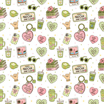 Kawaii Matcha Surf Club Seamless Pattern with Hand Drawn Tropical Doodles