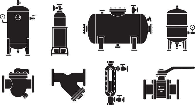 Set of black industrial featuring pressure tanks, gas cylinders, pipe valves, strainers, and liquid level gauges on white background