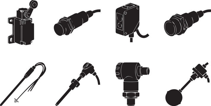 Set of black industrial sensor including limit switches, proximity sensors, temperature probes, and float level switches on white