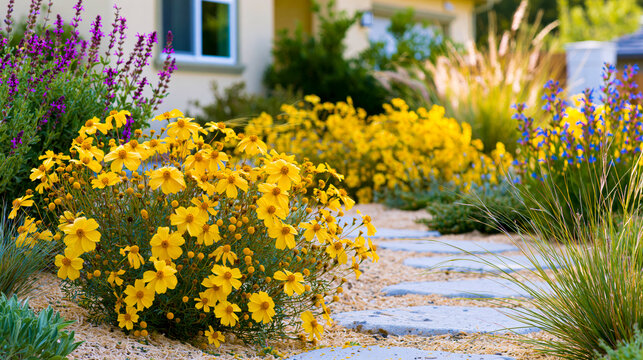 Yellow flowers blooming in drought resistant xeriscape front yard garden