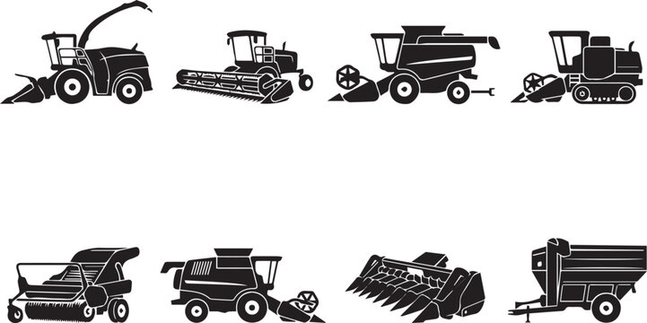 Set of black silhouette featuring various agricultural harvesting machinery, combine harvesters, and grain processing equipment