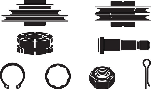 Set of black silhouette industrial machine parts, including pulleys, a shaft, a locking collar, a nut, a circlip, and a cotter pin