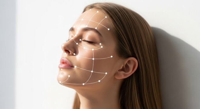 Young woman face with digital skin analysis grid