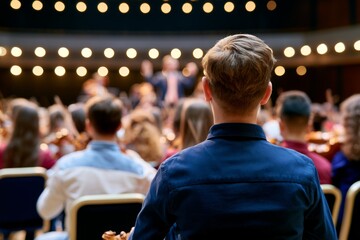 Fototapeta premium Young Musician Watching Classical Orchestra Concert with Focus on Talent and Performance Behind the Podium