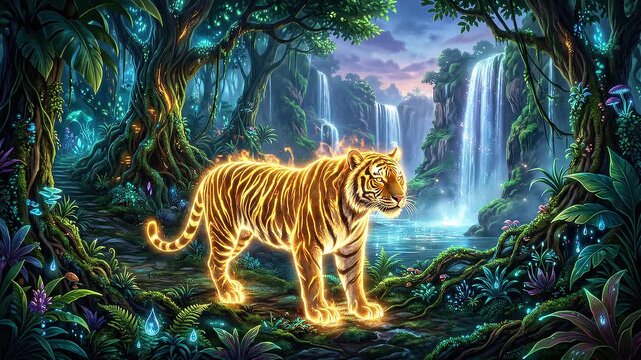Mystical glowing tiger walks through a vibrant enchanted jungle with waterfalls.