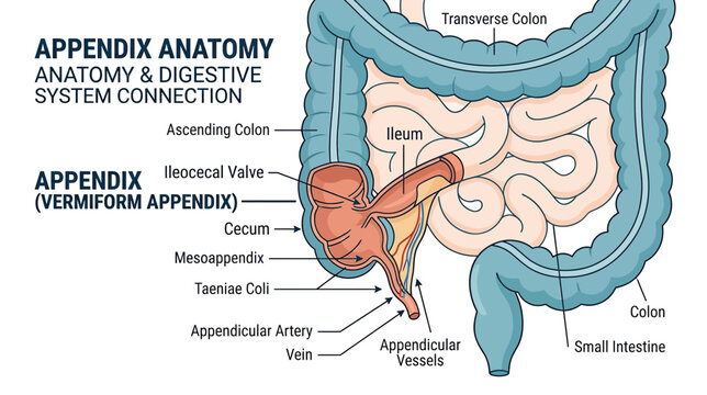 Human Appendix Anatomy Diagram: Digestive System Connection, Medical Illustration