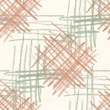 Seamless abstract cross hatch pattern with crayon texture in terracotta and sage green