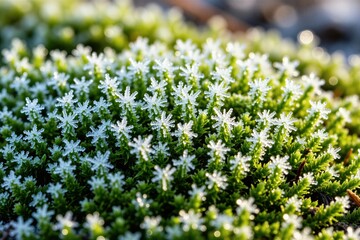 Fototapeta premium Macro photo shows green moss covered with ice crystals. Tiny snowflake patterns form on plant tips. Sun shines through foliage creating bokeh. Nature background.