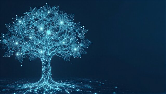 Digital tree of interconnected nodes glows with blue light against dark background.