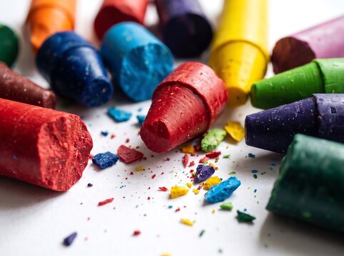 Macro photography of broken colorful wax crayons and colorful crumbs on white background