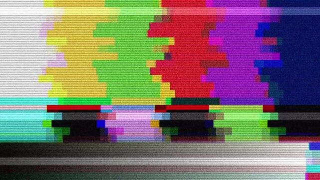 Vibrant retro television broadcast error screen with colorful glitch effects, depicting a distorted test pattern and fuzzy static, symbolizing signal interference