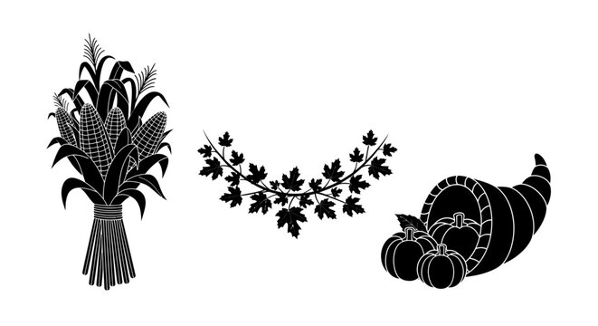 Black and White Silhouette of a Corn Stalk Bouquet with Maple Leaves